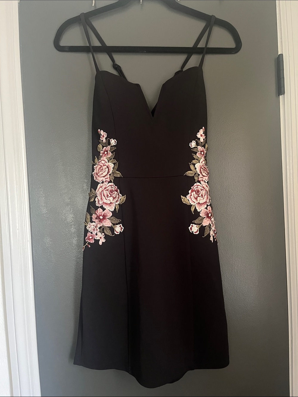 Dry Goods Black Mini Dress with Pink Floral Embroidery
